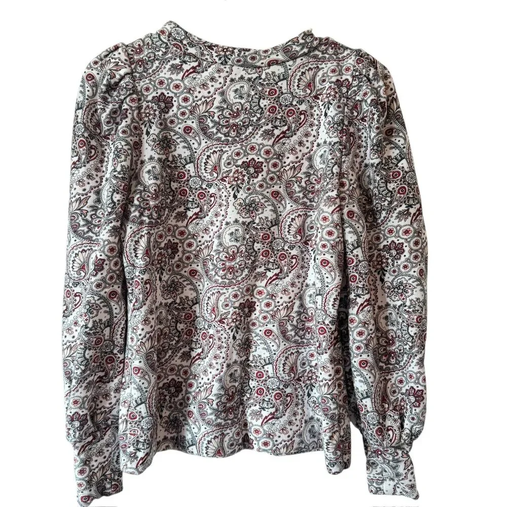 AnnTaylor Loft Sz XXS Petite Red White Paisley Floral Puff Sleeve Top Sweatshirt